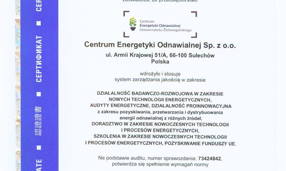 Centrum Energetyki Odnawialnej UZ z certyfikatem ISO