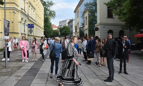 Uczestnicy konferencji na spacerze z przewodnikiem po Zielonej Górze; fot. M. Janion